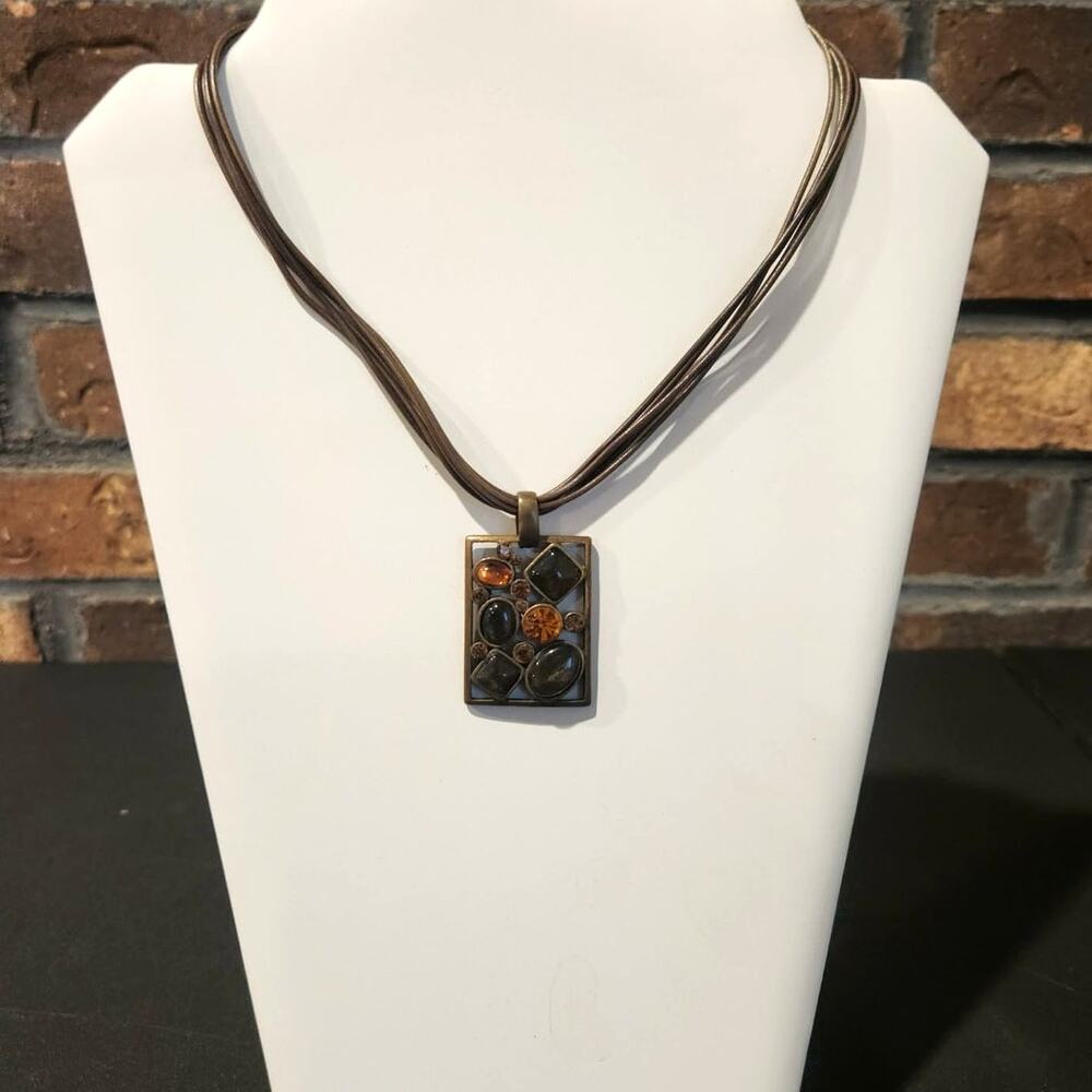 Park Lane Amber Tones Geometric Rectangle Pendant Necklace on Faux Leather Cord